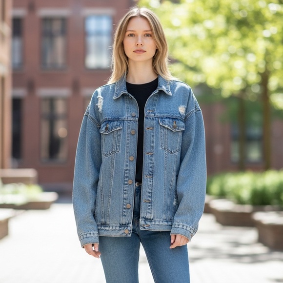 Bershka Oversized Distressed Denim Jacket XS Light Blue - Picture 2 of 7